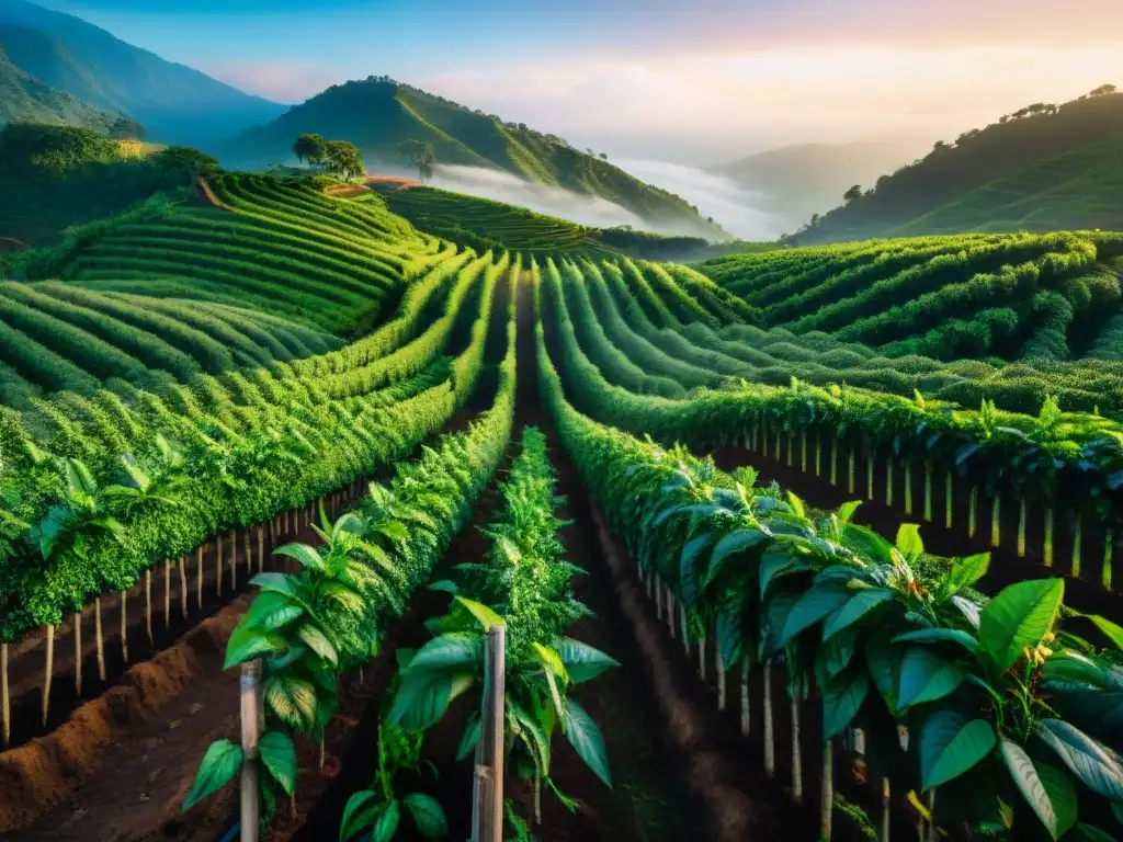 Plantación de café al amanecer, con plantas cargadas de cerezas rojas