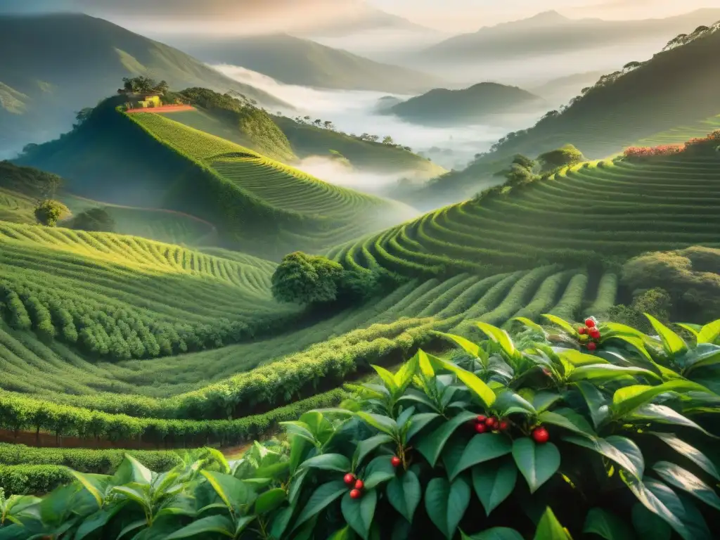 Plantación de café al amanecer, con plantas cargadas de cerezas rojas y montañas neblinosas