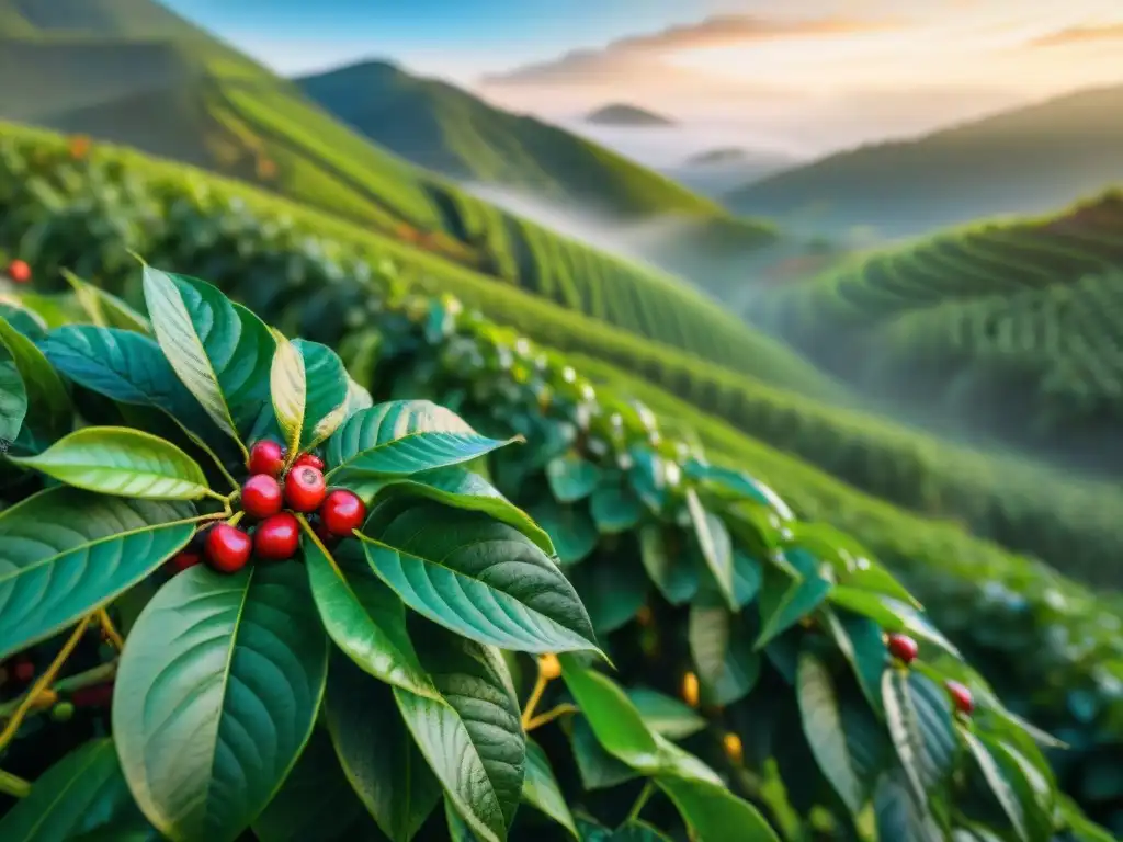 Plantación de café al amanecer, con plantas cargadas de cerezas rojas