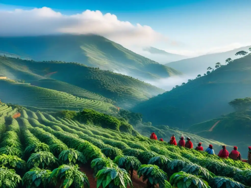 Plantas de café verde vibrante en las montañas de Etiopía, con recolectores locales felices