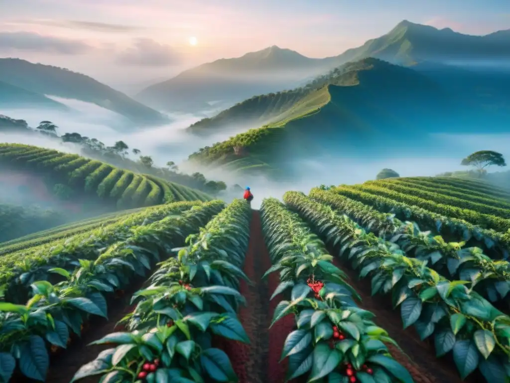 Plantación de café al amanecer, con plantas verdes y obreros cosechando cerezas rojas