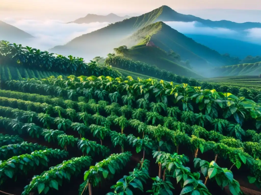 Plantación de café al amanecer, con plantas verdes bajo el sol dorado y montañas cubiertas de niebla