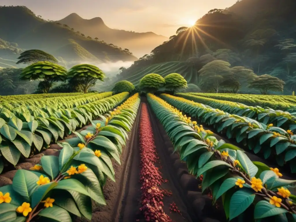 Un plantío de cacao exuberante al atardecer, con árboles cargados de vainas maduras bañados por la cálida luz dorada del sol poniente