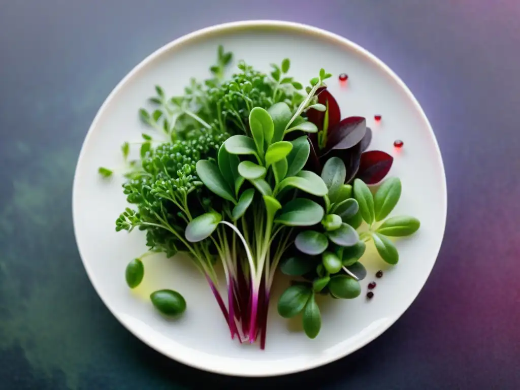 Plateado gourmet: microgreens vibrantes y frescos en plato blanco, exaltando nutrición y belleza