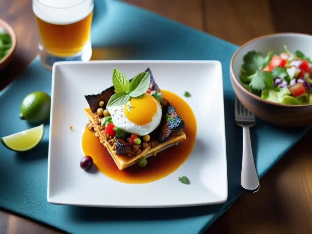 Platillo fusión mexicano gourmet con cervezas artesanales de México en escena elegante y colorida