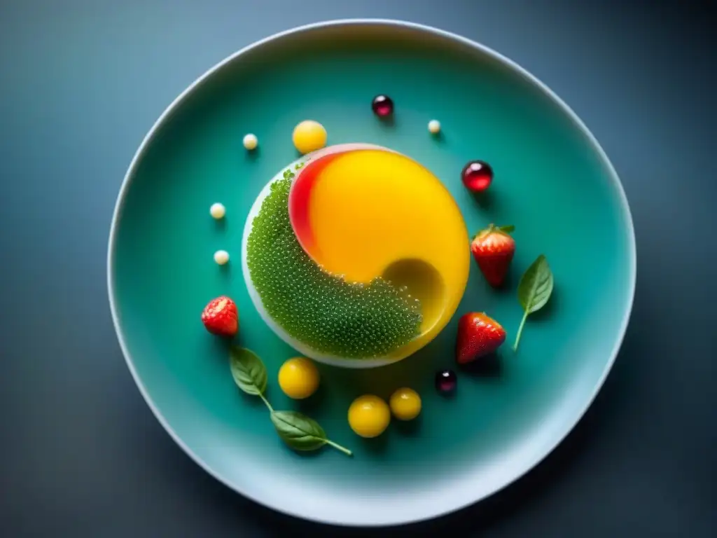 Deliciosas burbujas de colores en plato de gastronomía molecular Plato de gastronomía molecular con burbujas de colores de mango, fresa y albahaca