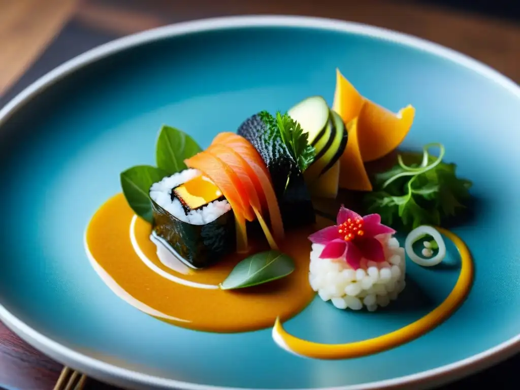 Plato étnico transformación sorprendente revolución: fusión de sabores y técnicas culinarias en una presentación artística y vibrante