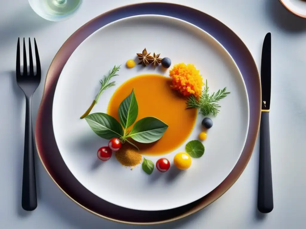 Un plato étnico con twist moderno: una obra de arte culinaria vibrante y sofisticada en una elegante vajilla blanca