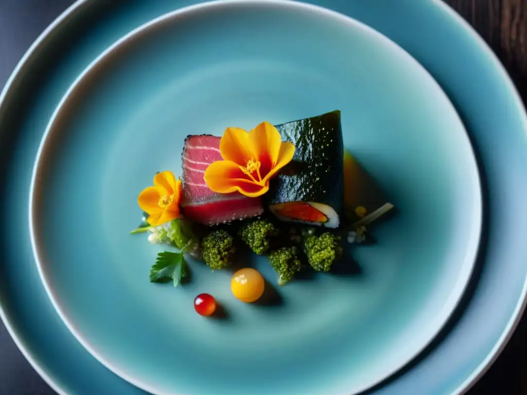 Plato fusión gourmet: atún sushigrado con foie gras y flores comestibles Plato de fusión japonesa innovadora gourmet con atún, flores comestibles y salsa de trufa en un elegante plato moderno