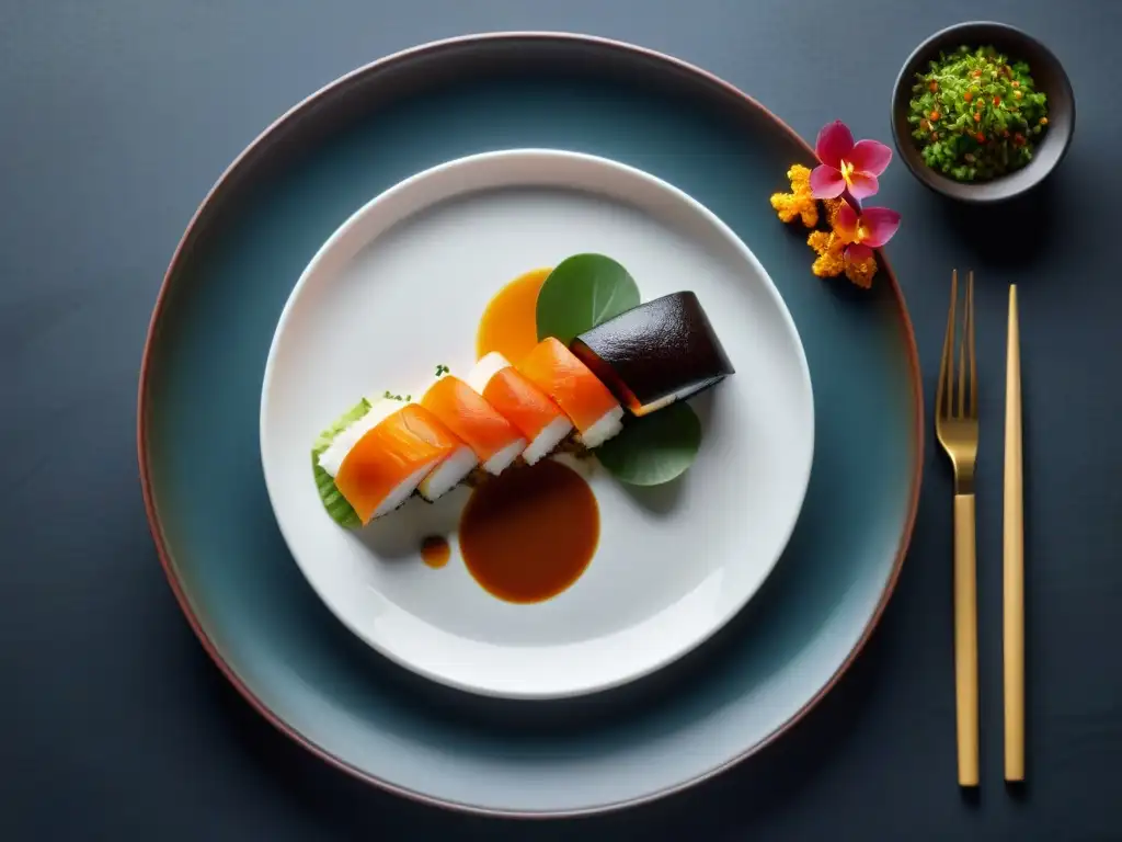 Un plato de fusión con sushi, mole, especias indias y decoración francesa, sobre un plato blanco moderno, en un ambiente elegante