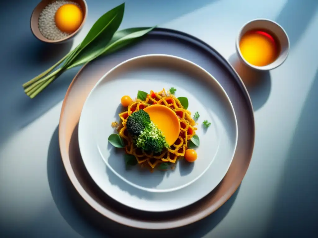 Un plato de alta gastronomía que fusiona elementos de diversas culturas en una presentación vibrante y detallada