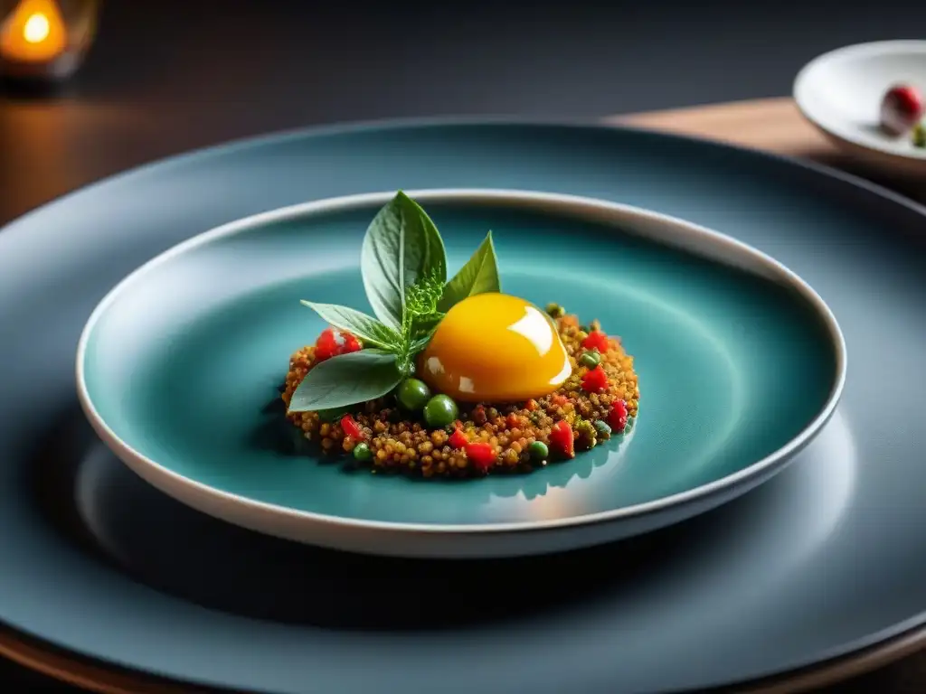 Un plato fusión gourmet de cocina tradicional con presentación moderna y vibrantes colores en elegante restaurante