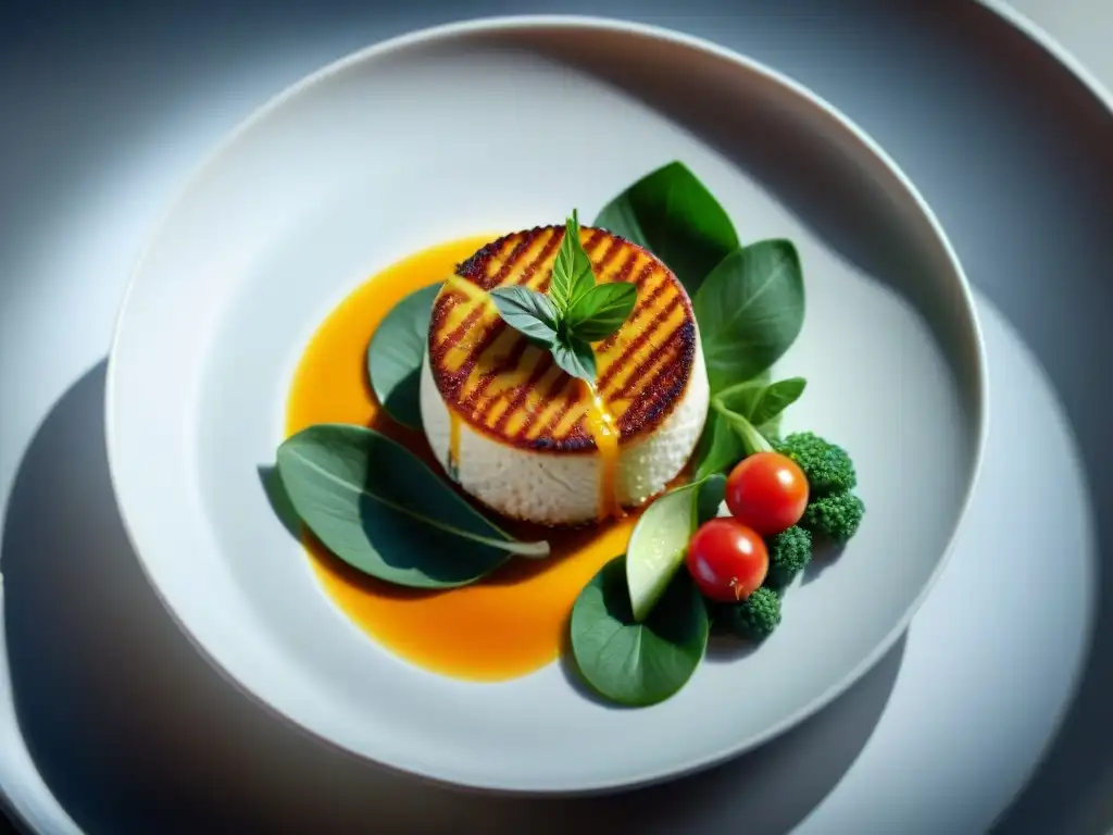 Un plato gourmet contemporáneo revoluciona recetas antaño con colores vibrantes y detalles intrincados en un escenario moderno y elegante