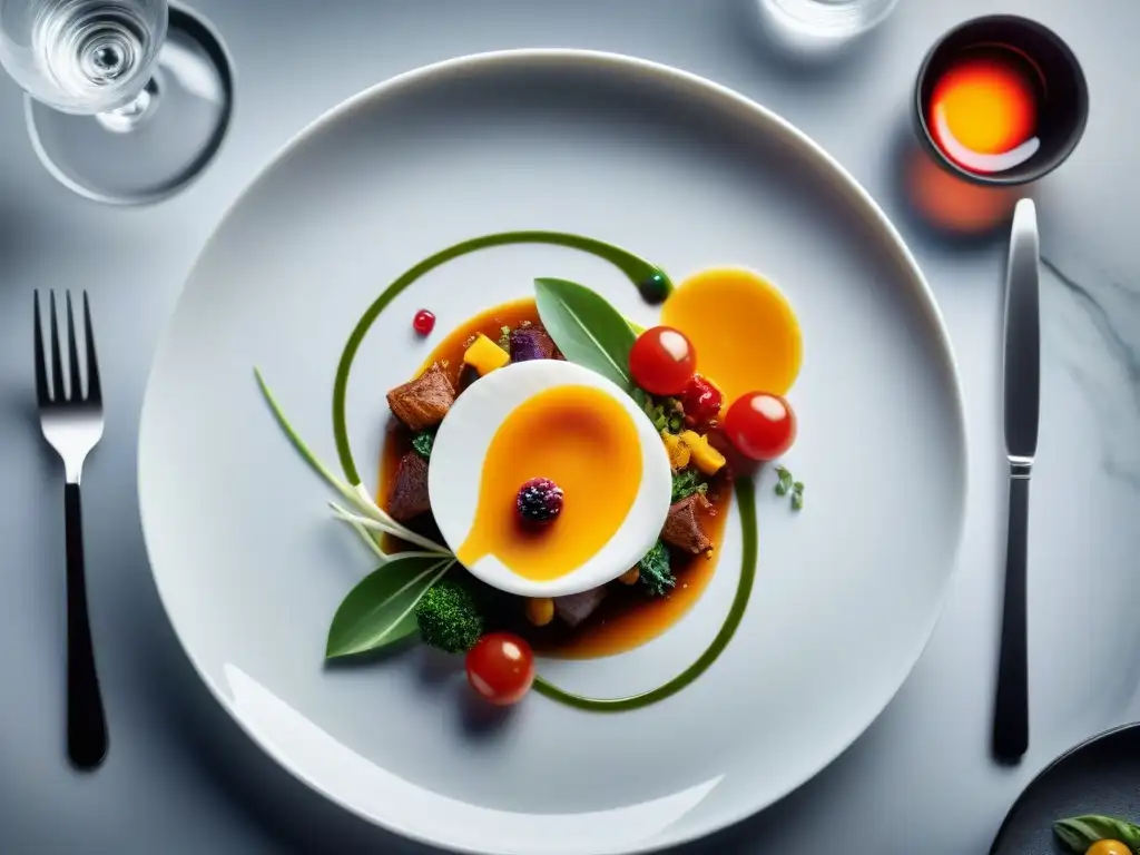 Un plato fusión gourmet que combina elementos de la cocina tradicional con la gastronomía moderna, presentado con arte en un elegante plato de porcelana blanca