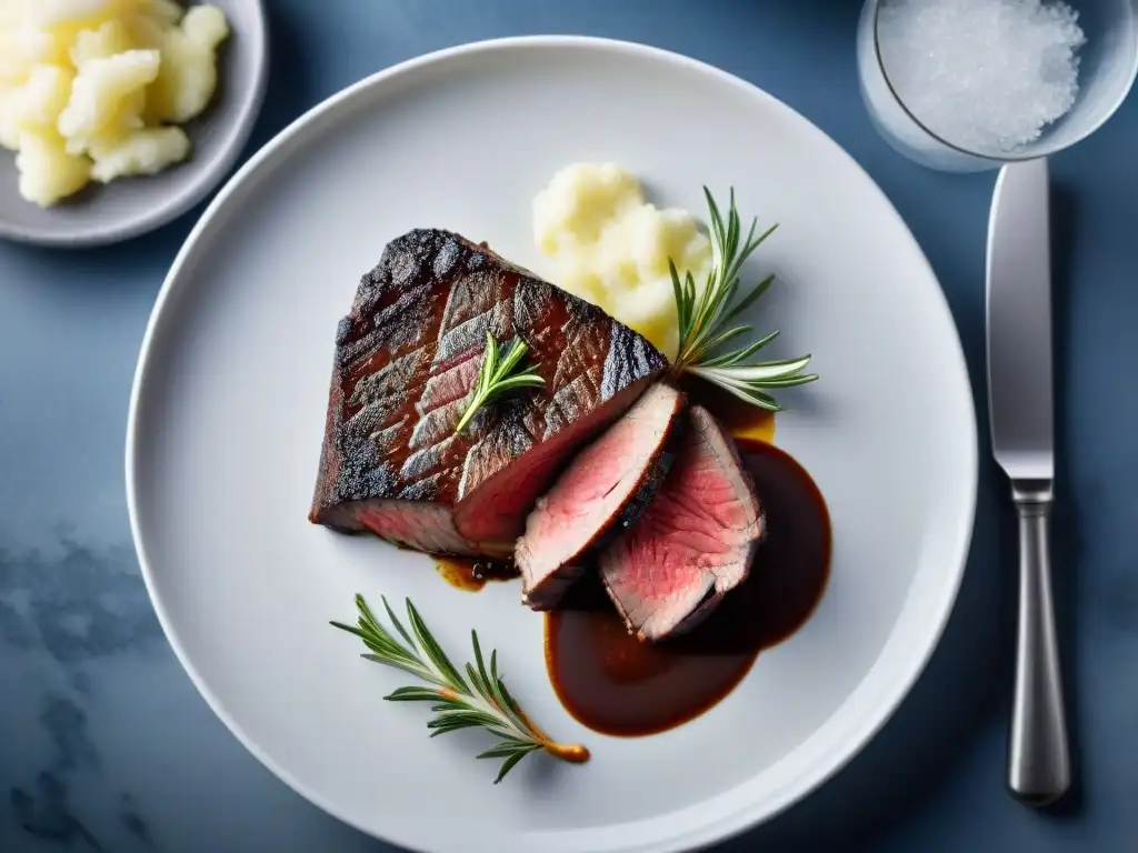 Plato gourmet con exquisito filete Wagyu, maridaje perfecto con guarniciones de lujo y demiglace