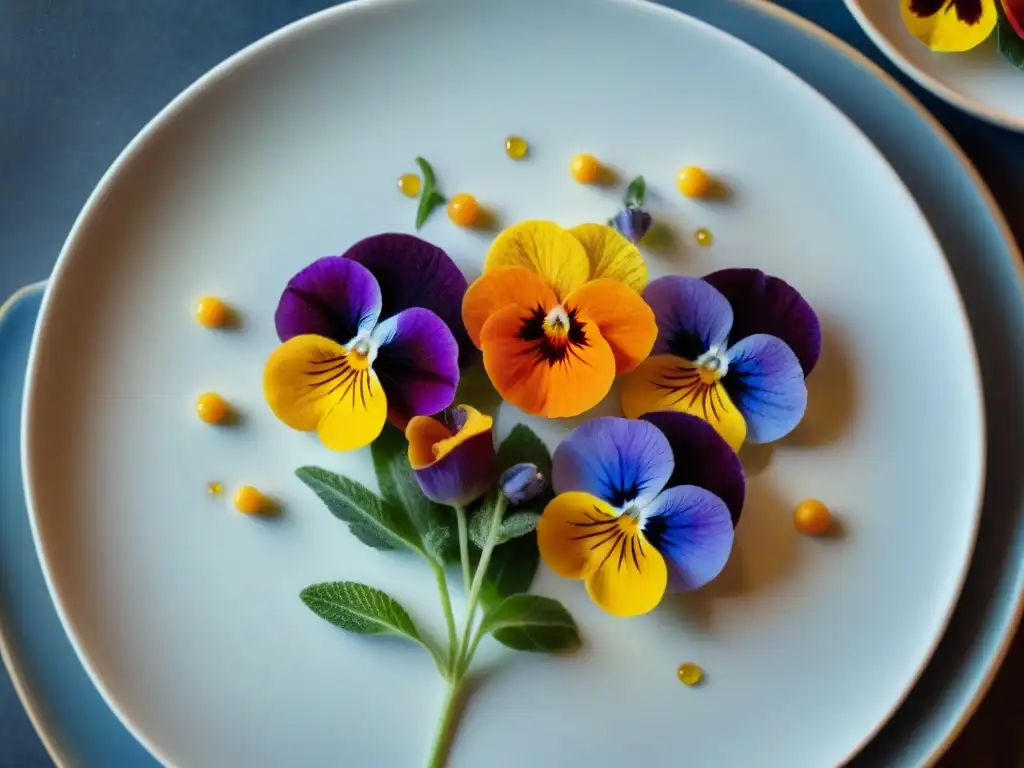 Plato gourmet con flores comestibles vibrantes y detalladas en un elegante escenario culinario