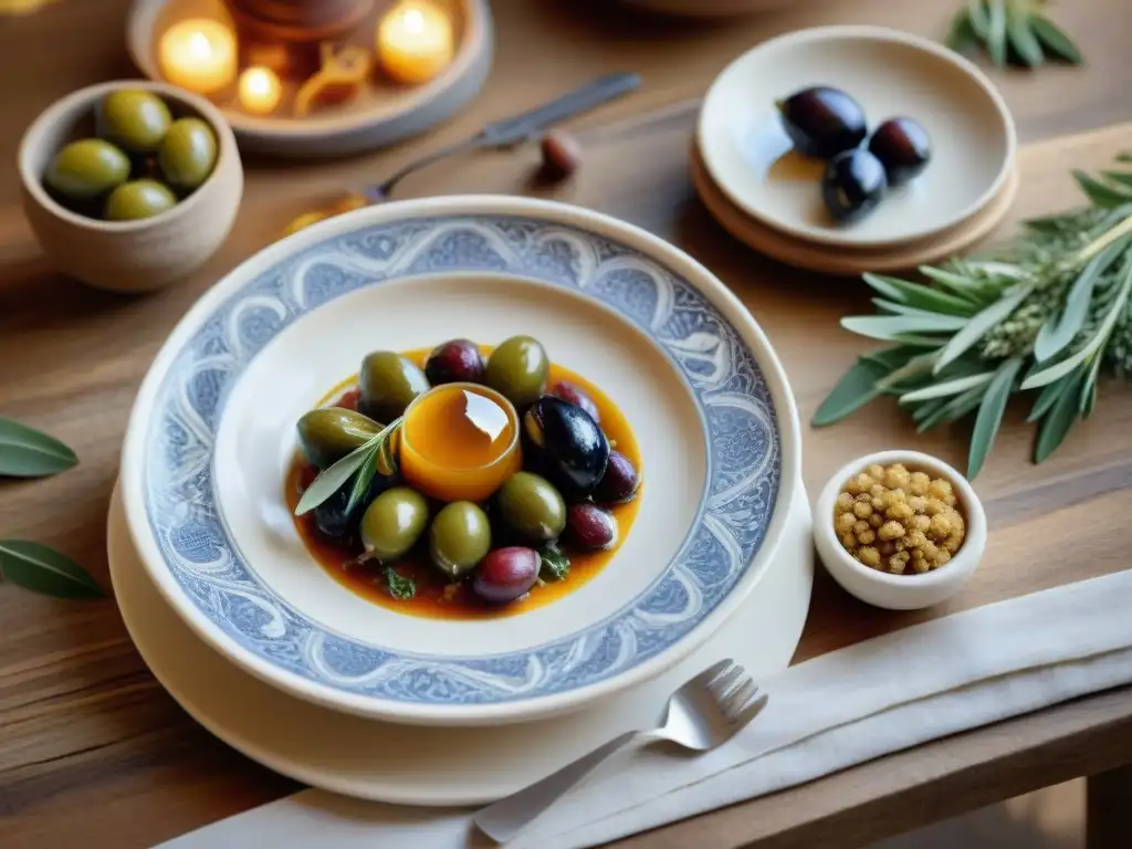 Plato gourmet inspirado en la cocina antigua Roma con detalle, ingredientes y decoración romanesca en una presentación elegante en mesa de madera