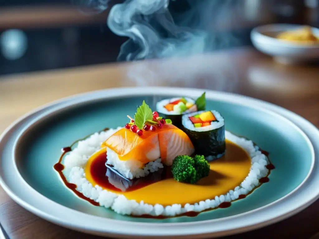 Plato de fusión gourmet mundial: una obra de arte culinaria con elementos de diversas cocinas en una presentación exquisita y colorida