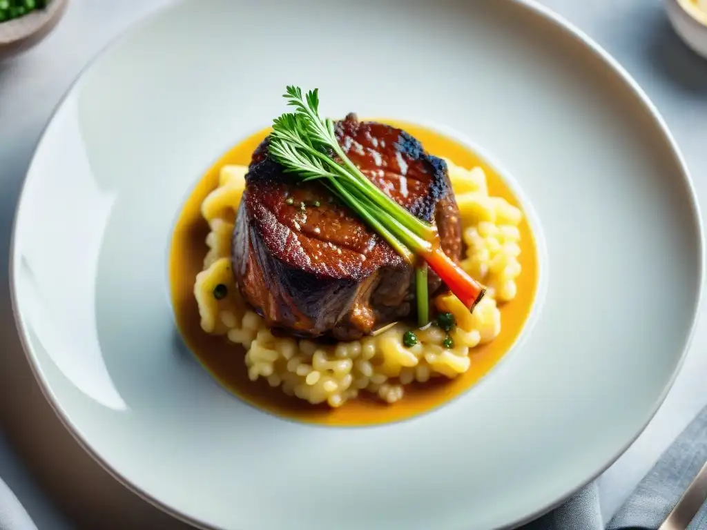 Plato de Ossobuco milanés gourmet con risotto de azafrán, una sofisticada delicia culinaria