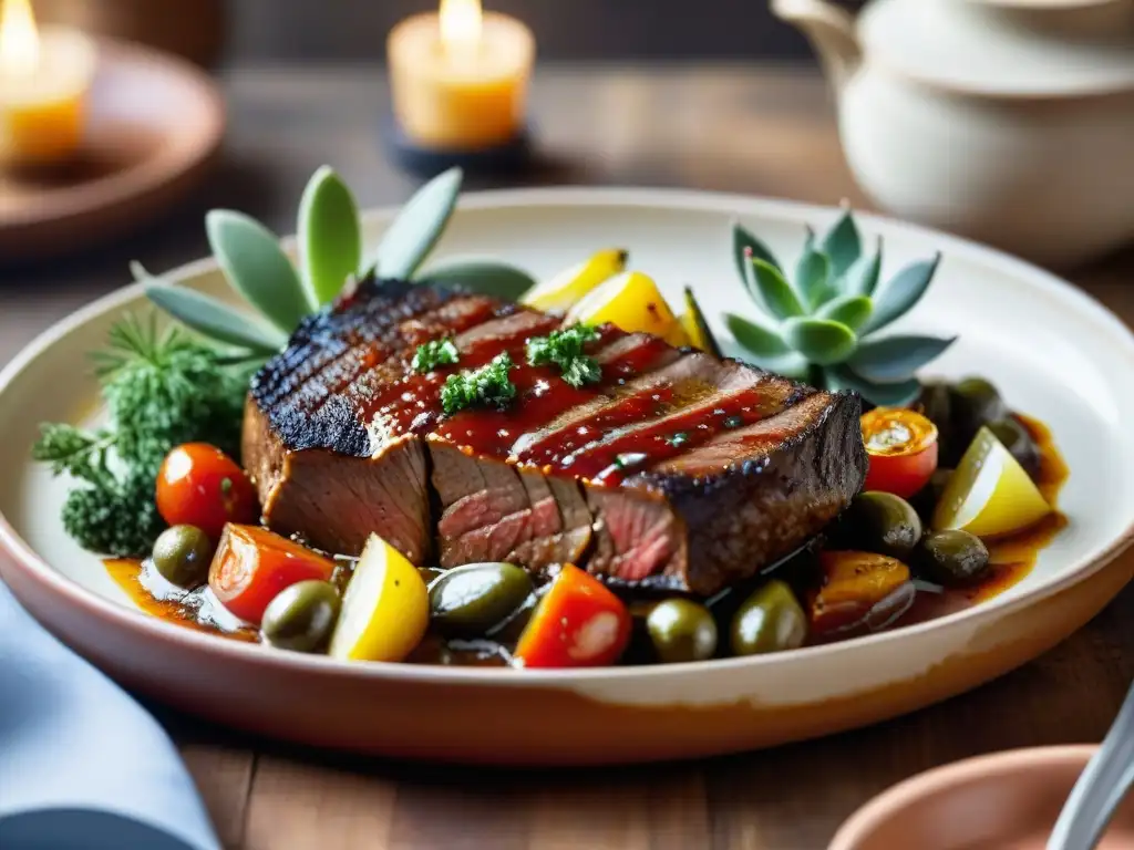 Un plato mediterráneo de carne tierna, en salsa de tomate, con verduras y hierbas frescas, resaltando las técnicas mediterráneas para carnes tiernas