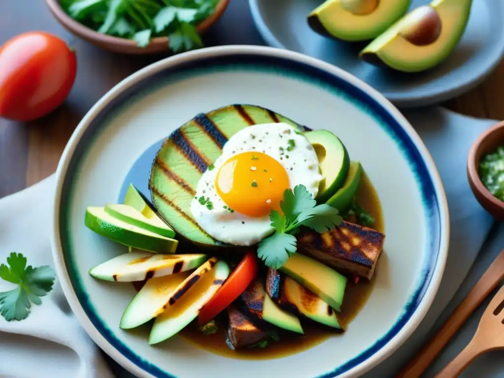 Deléitate con un plato de fusión mexicana con quesos artesanales mexicanos, fajitas, aguacate y salsa verde en un mercado colorido