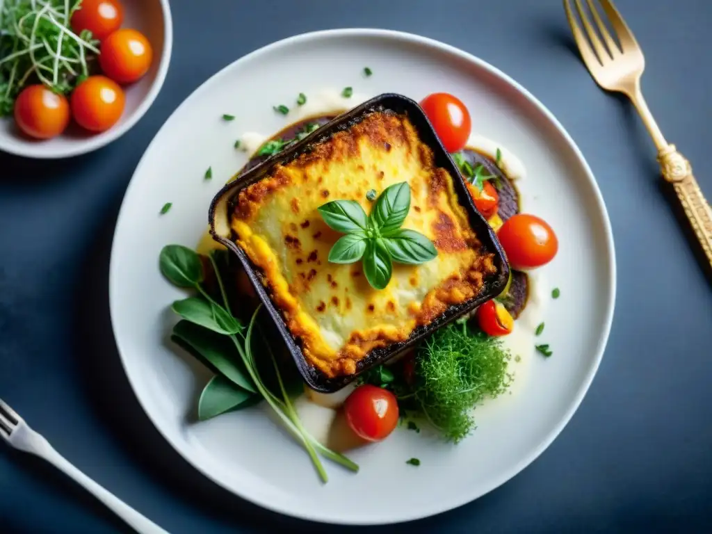 Un plato de moussaka vegana griega innovador y gourmet con capas de berenjena, calabacín y patata, bañado en salsa bechamel sin lácteos y decorado con tomates cherry y microgreens, en un elegante plato blanco sobre un fondo oscuro minimalista