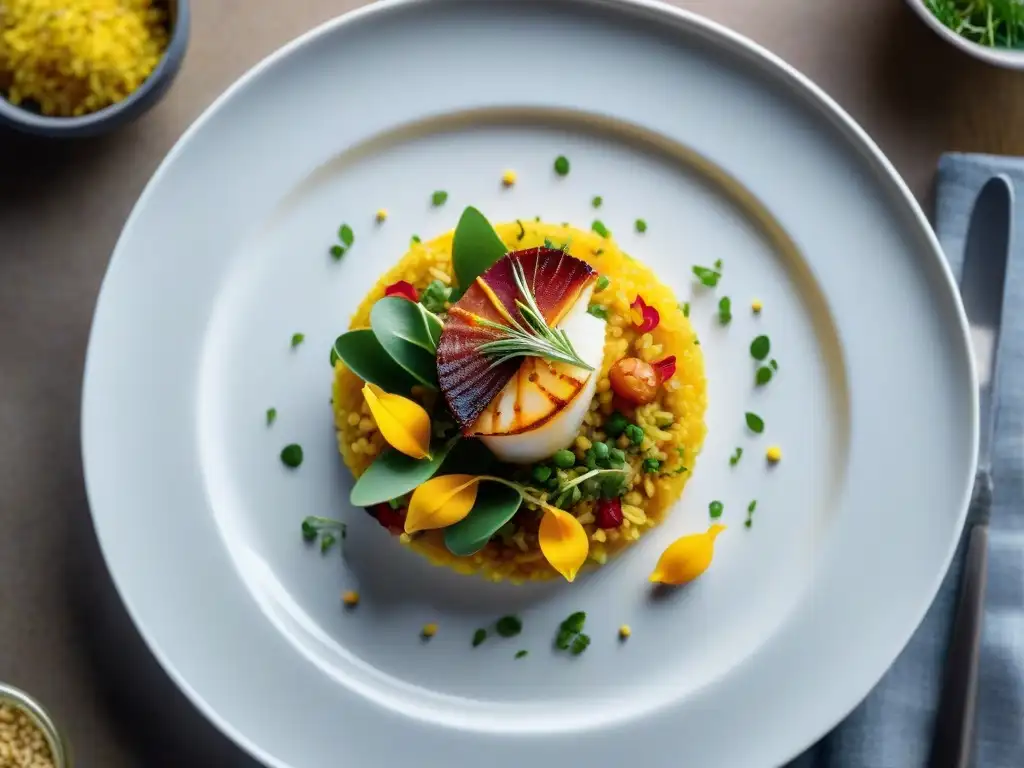 Un plato de paella gourmet reimaginado con ingredientes tradicionales en un plato blanco minimalista