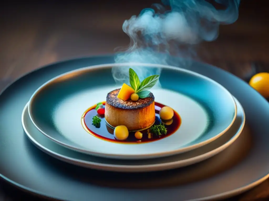 Plato gourmet fusion: tradición y modernidad en perfecta armonía Un plato exquisitamente presentado que fusiona innovación y tradición en un festín de colores y sabores