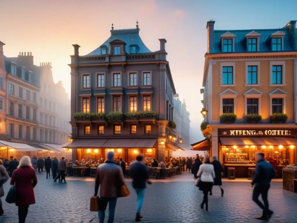 Una plaza bulliciosa al amanecer, con personas diversas disfrutando café