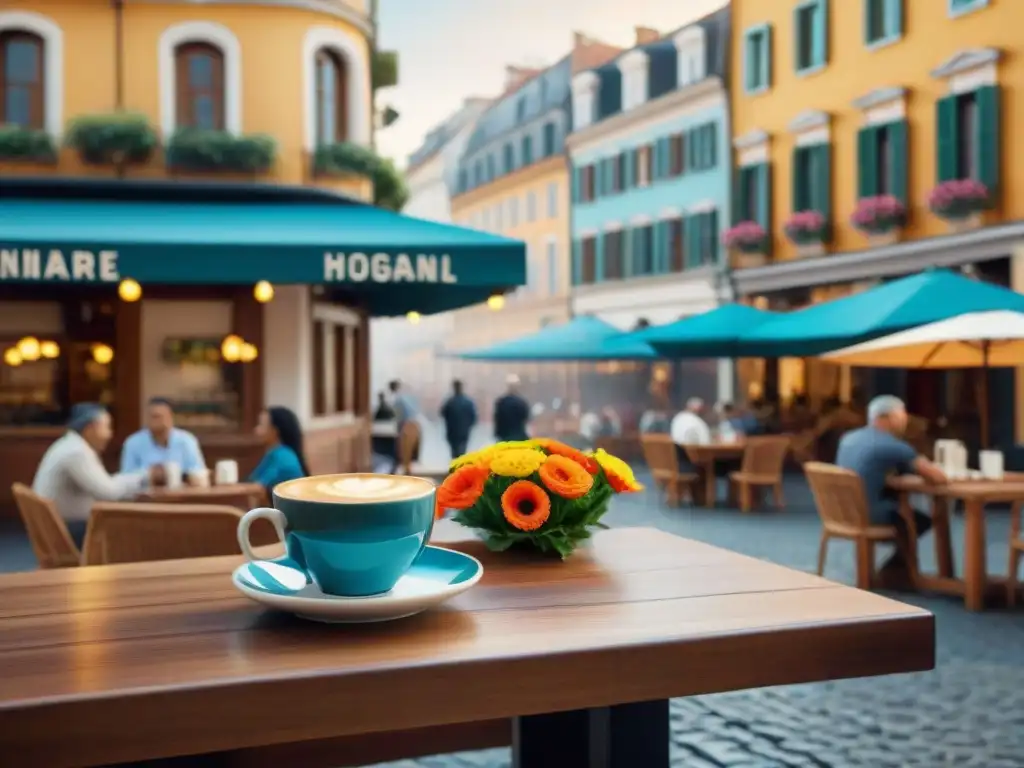 Una plaza urbana bulliciosa con sombrillas coloridas, cafeterías al aire libre y personas disfrutando de café