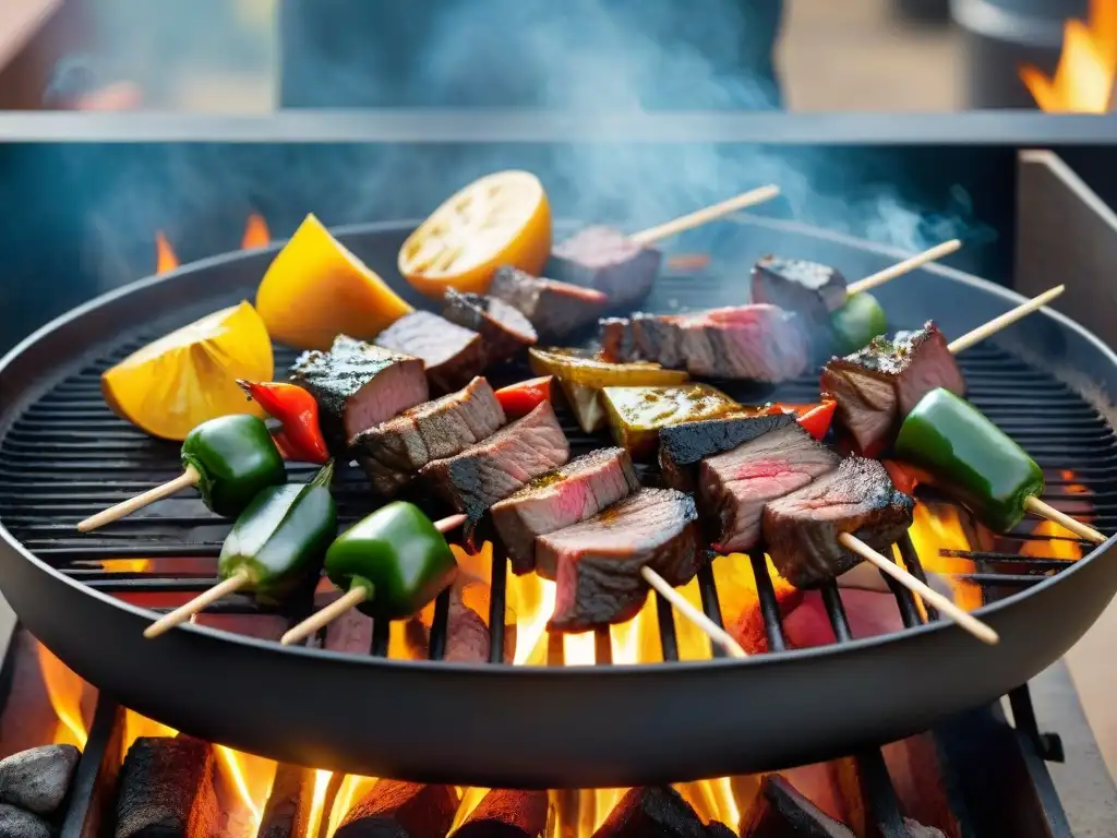 Barbacoa Portuguesa espetada Madeirense en una parrilla, exudando aromas deliciosos en un atardecer dorado