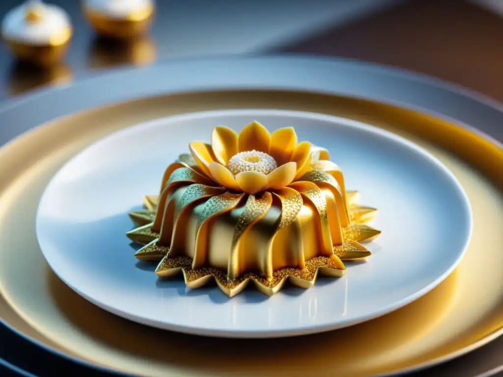 Un postre impreso en 3D gourmet: una escultura de azúcar delicada con detalles intrincados y destellos de oro comestible