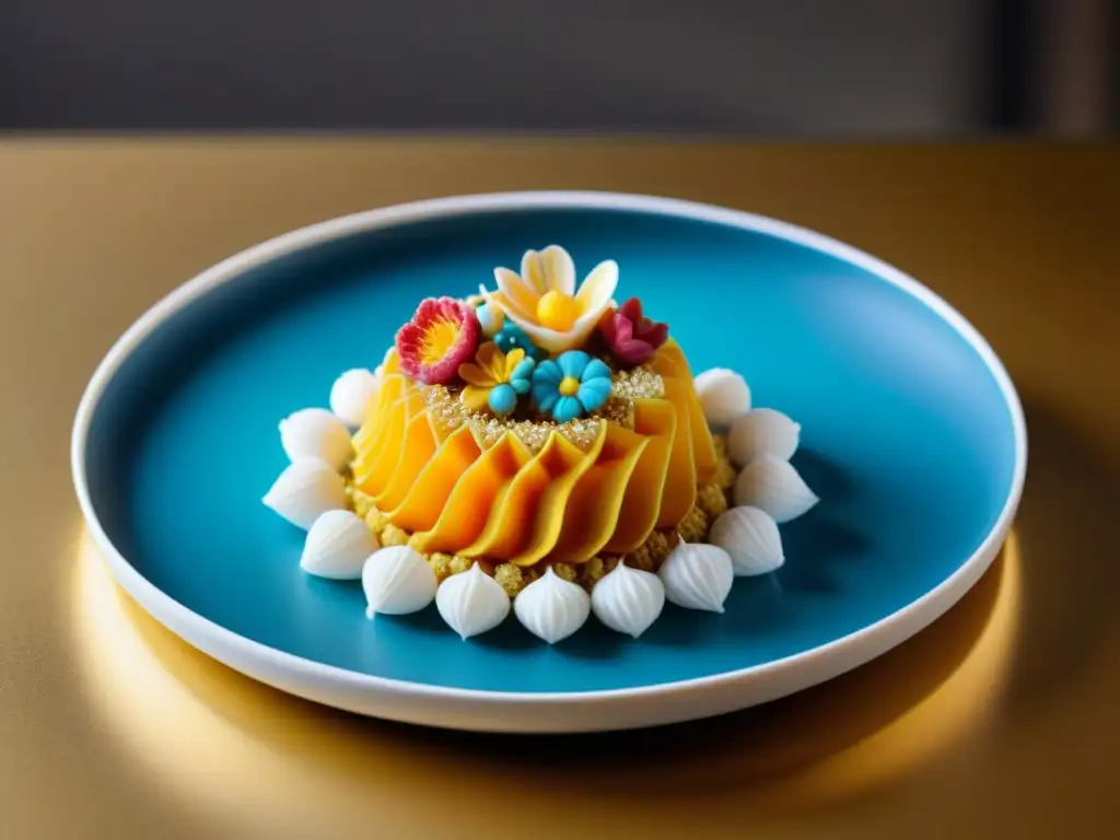 Un postre impreso en 3D gourmet, una obra de arte de colores vibrantes y detalles precisos en un elegante plato moderno