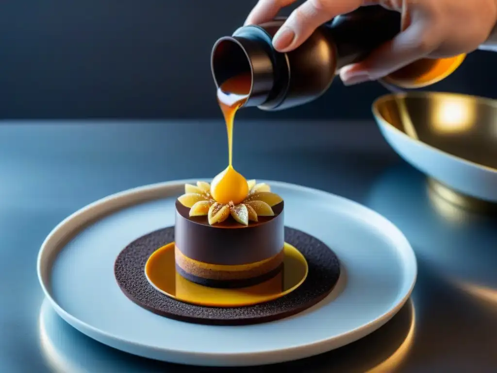 Postres impresos en 3D gourmet: Delicada creación de chocolate, caramelo y hojuelas de oro en un plato blanco, en cocina moderna y elegante