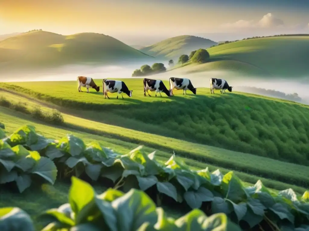 Un prado verde exuberante donde una manada de vacas felices pasta bajo el sol