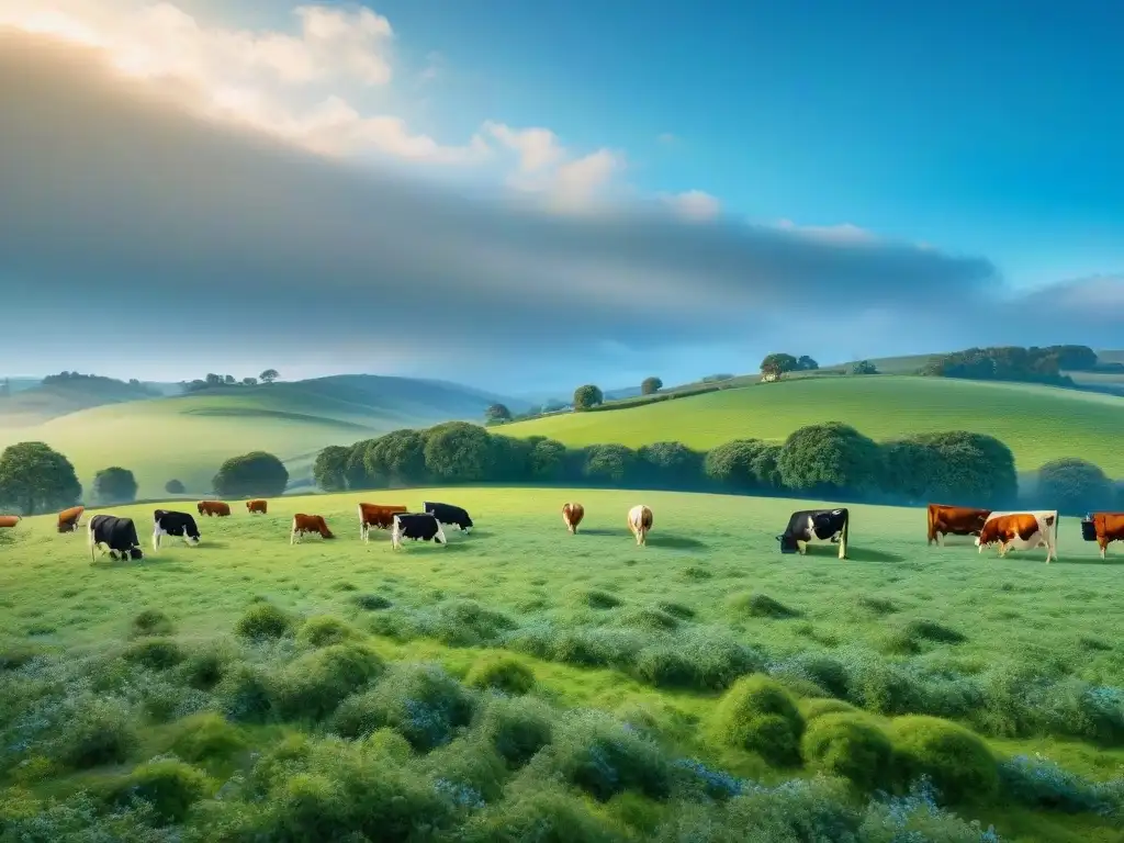 Prado verde con vacas pastando, cielo azul