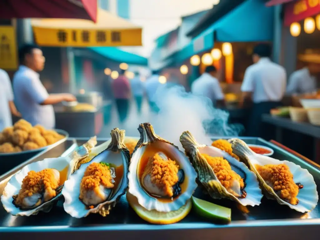 Deléitate con la preparación de ostras fritas Singapur gourmet en bulliciosa calle de Singapur