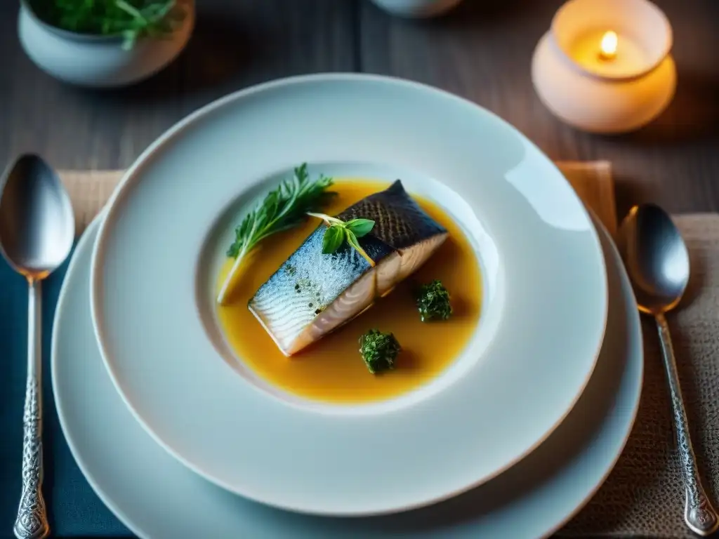 Una presentación elegante de un platillo gourmet con pescado pochado en té blanco, acompañado de té blanco en una taza de porcelana