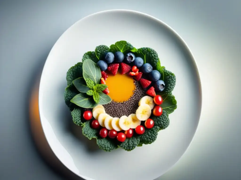 Una presentación gourmet futurista de superalimentos saludables en un plato blanco moderno, con acai, chía, kale y bayas goji