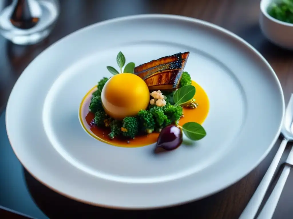 Una presentación innovadora de plato gourmet con detalle y color vibrante en un plato de porcelana blanco