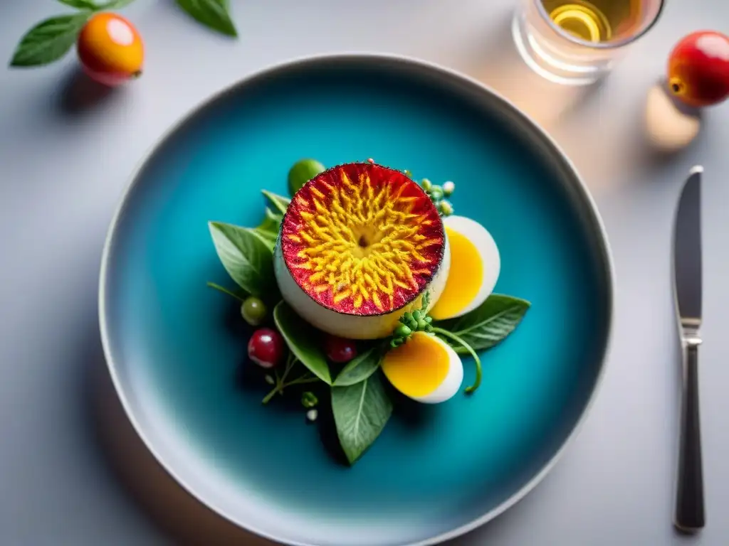 Una presentación innovadora de platos gourmet con colores vibrantes y detalles culinarios artísticos en un plato moderno y elegante