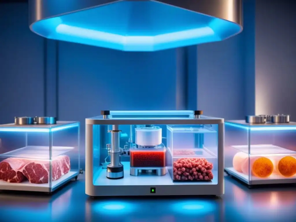 Primeras impresiones carne cultivada gourmet: Bioreactor de alta tecnología con células de carne en crecimiento, rodeado de instrumentos técnicos