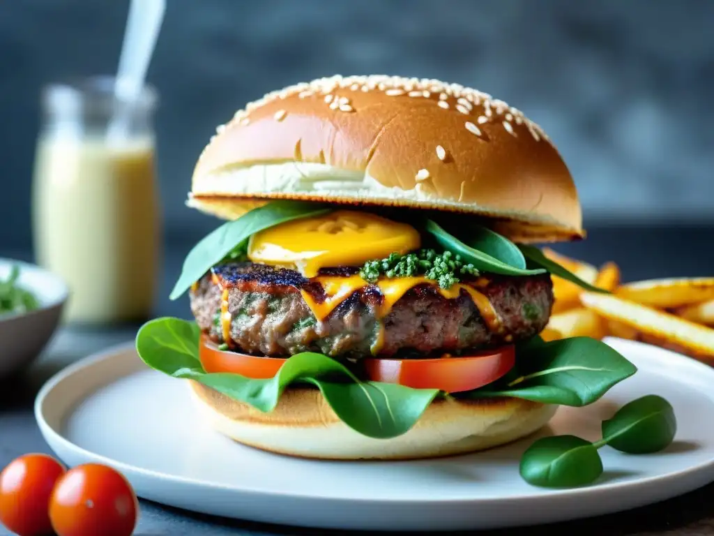 Primeras impresiones carne cultivada gourmet: Delicioso burger vegano con queso, lechuga, tomate y patatas fritas dulces crujientes