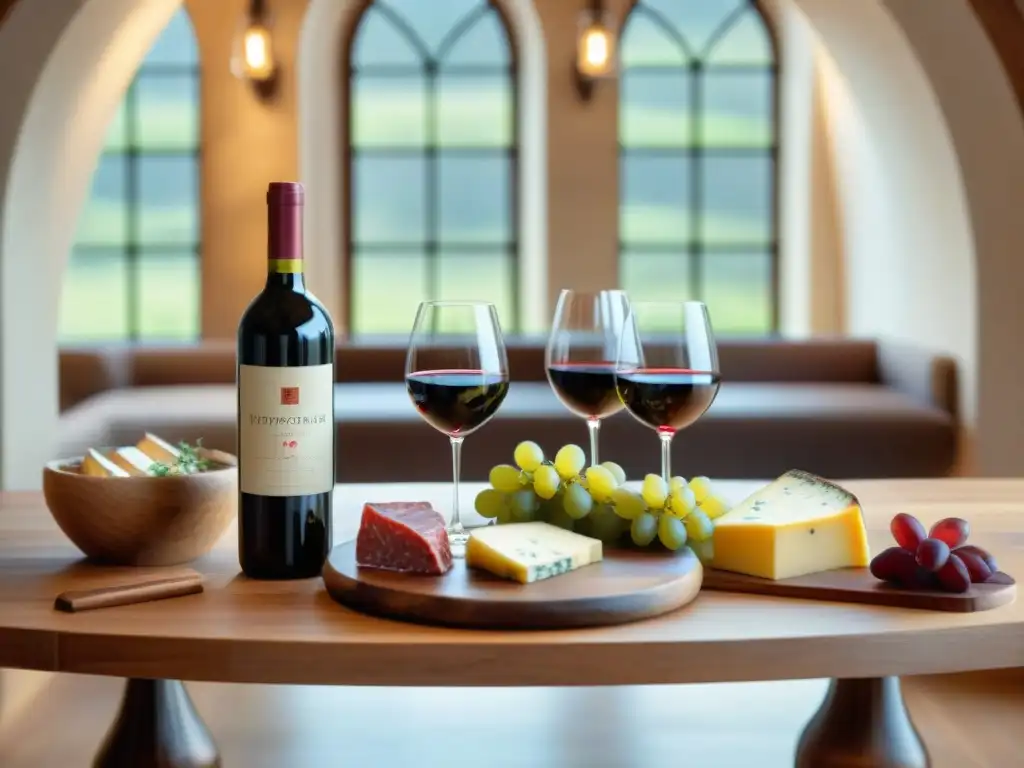 Guía para principiantes en cata de vinos gourmet: mesa elegante con copas, botellas, quesos y embutidos, iluminada por luz natural