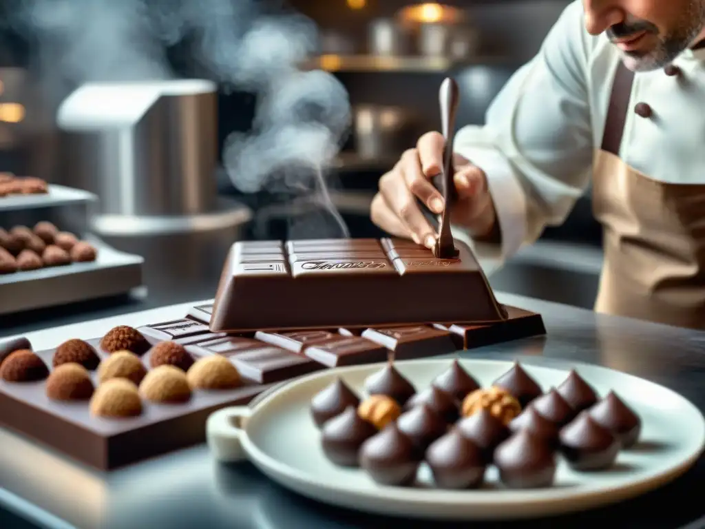 Proceso de fabricación artesanal de chocolate gourmet con maestro chocolatero meticuloso creando una barra de lujo