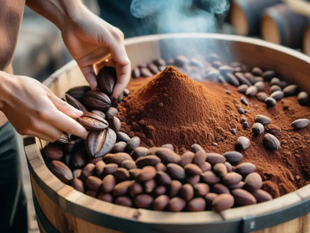 Proceso de fermentación de cacao en barriles de madera para chocolates artesanales