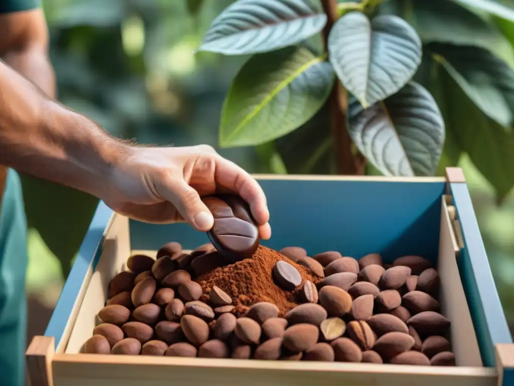 Proceso de fermentación del cacao en caja de madera rodeada de árboles verdes y cielo azul, agricultor monitorizando