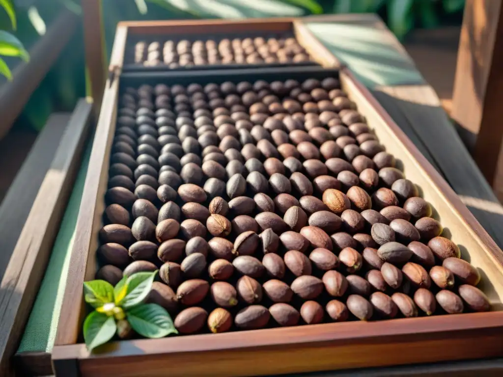 Proceso de fermentación del cacao en plantación, con gran detalle y colores en beans y árboles