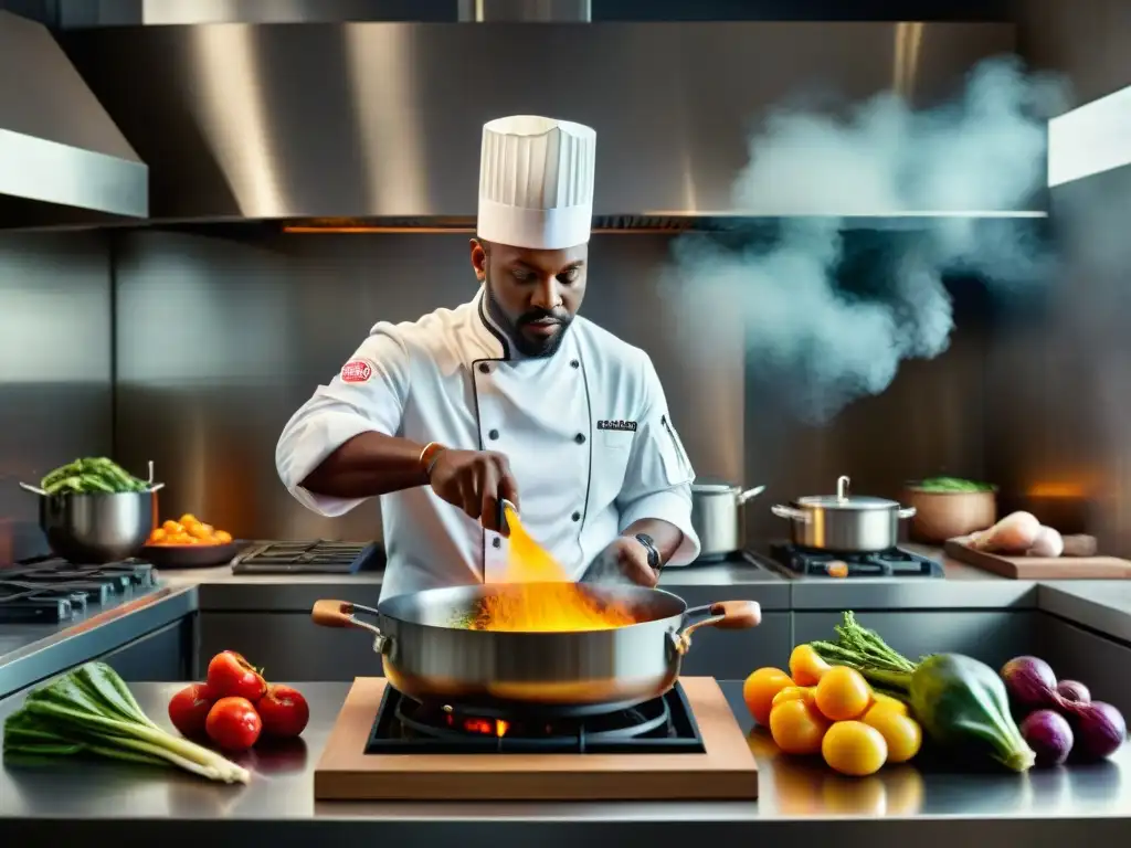 Fotografía del proceso de cocina gourmet: chef lanzando vegetales en sartén, en cocina moderna y elegante