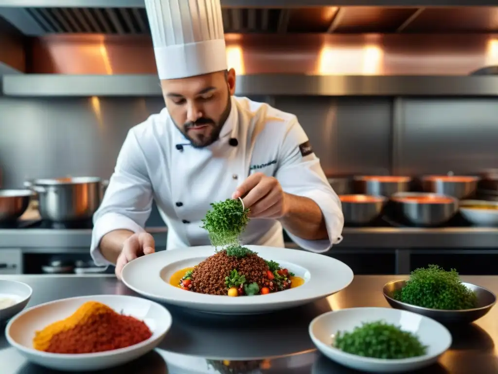 Fotografía del proceso en una cocina gourmet, con un chef experto plasmando una deliciosa obra culinaria en un plato blanco